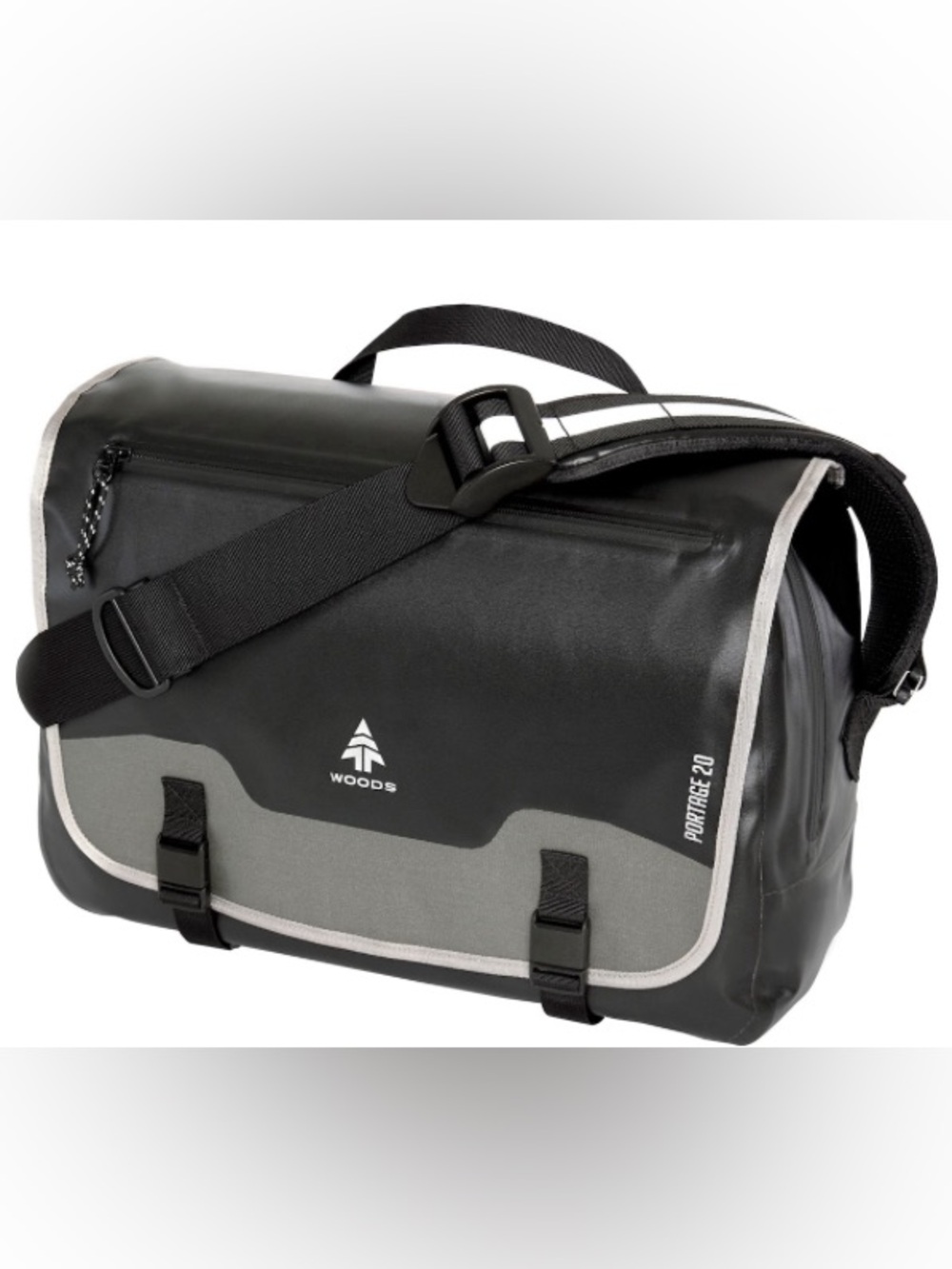 Woods Portage 20 Messenger Bag, black, waterproof with a large main compartment